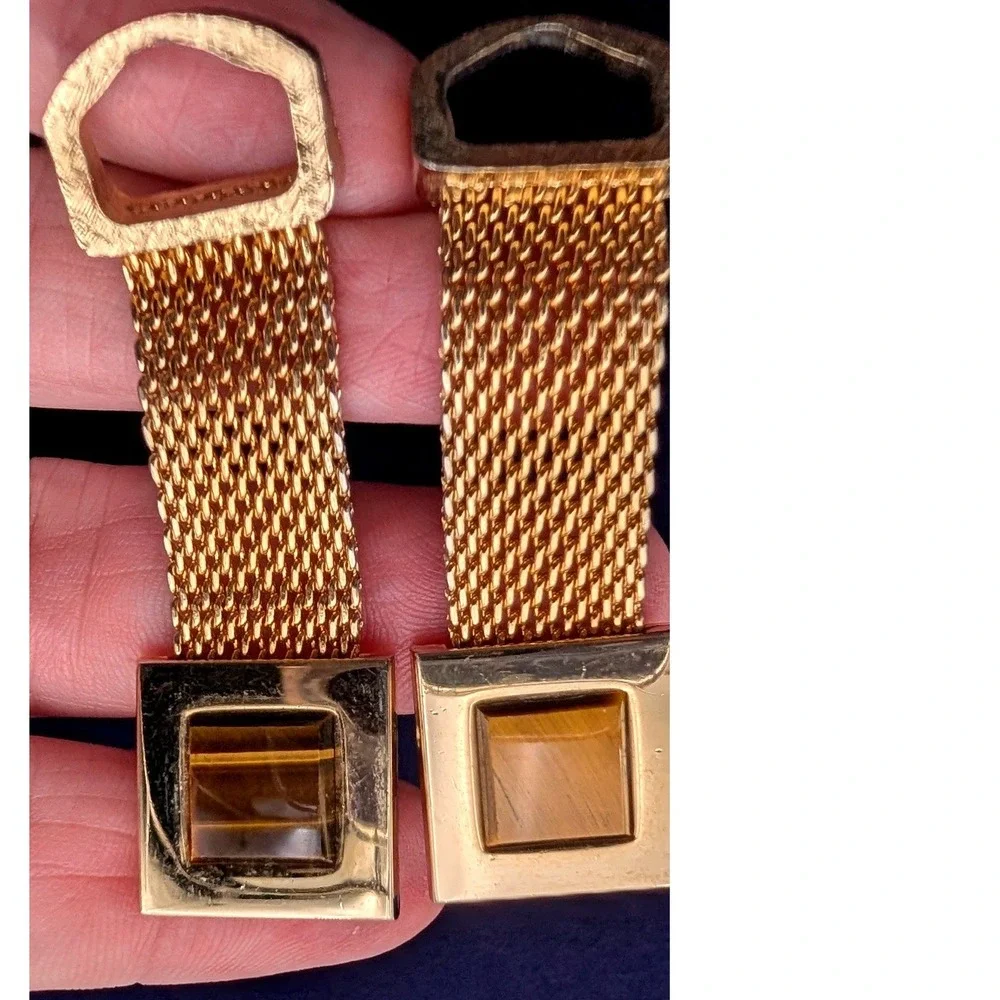 Vintage Gold Tone Mesh Wrap Around Cufflinks Tigers Eye Square Stone Men's